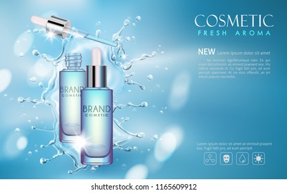 vector bottle serum cosmetic mock up with  transparent water and shine on blue background, with your brand, ready for print ads or magazine design.