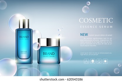 Vector Bottle Serum Cosmetic Mockup On Blue Background, With Your Brand, Ready For Print Ads Or Magazine Design. Transparent And Shine, Realistic 3d Style