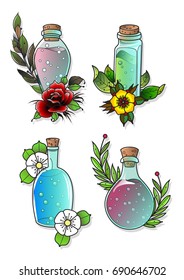 Vector Bottle Set with Flower Composition