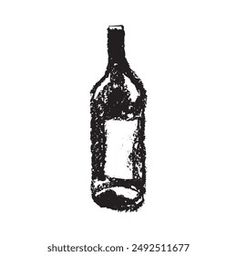 Vector bottle sign in hand-drawn charcoal graphics style. Isolated wine bottle sketch with black graphite texture for creating of winery logo, badge biodynamic wines or winery promotional materials.