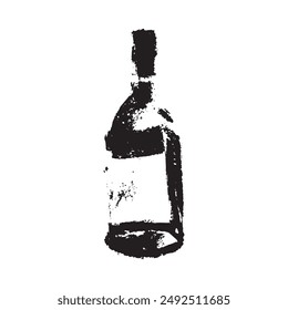 Vector bottle sign in hand-drawn charcoal graphics style. Isolated wine bottle sketch with black graphite texture for creating of winery logo, badge biodynamic wines or winery promotional materials.