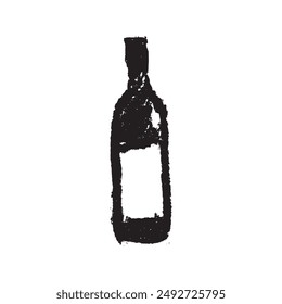 Vector bottle symbol in hand-drawn charcoal graphics style. Isolated wine bottle sketch with black graphite texture for creating of winery logo, badge biodynamic wines or winery promotional materials.