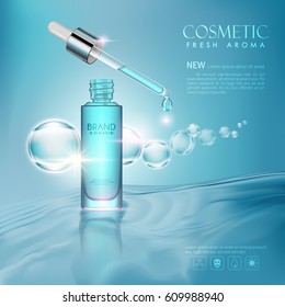 vector bottle toner cosmetic mockup on blue background, with your brand, ready for print ads or magazine design. Transparent and shine, realistic 3d style