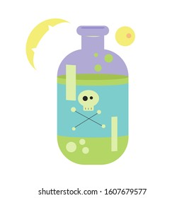 Vector. Bottle of witch with poison, potion, poison. Outline isolated on white background. Cartoon style. For design of books, magazines, posters, printing on a t-shirt. Design of games and horror.