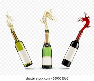 Vector Bottles Of Champagne And Wine Splash On Transparent Background