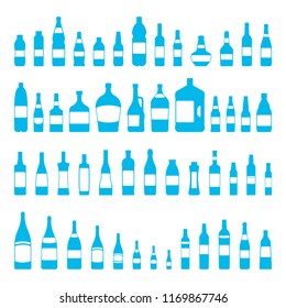 vector bottles and glasses icon set blue color isolated on white background different form with plastic containers for cosmetics, water, alcohol. Bottle with white label. 10 eps