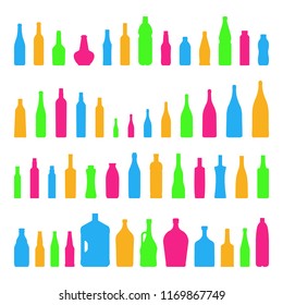 vector bottles and glasses icon set colorful style isolated on white background different form with plastic containers for cosmetics, water, alcohol. 10 eps
