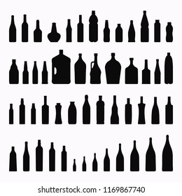botellas vectoriales y silueta de gafas el color negro aislado en fondo blanco diferente forma con recipientes de plástico para cosméticos, agua, alcohol. 10 pasos