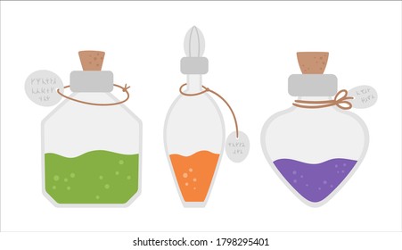 Vector bottles with magic potion. Set of cute witchcraft elements. Halloween icons collection. Autumn all saints eve illustration with witch objects. Samhain party design for kids. 
