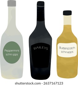Vector bottles of Peppermint Schnapps, Baileys Irish Cream, and Butterscotch Schnapps. Elegant and flavorful alcoholic beverage illustrations in flat or cartoon style. Perfect for bar menus, cocktail 