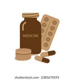 Vektorgrafik von Flaschen mit Pillen, Verpackung medizinischer Arzneimittel, zweifarbige Kapseln in Zimtfarben. Werbung für ein Pharmaunternehmen, Apotheke, Arzneimittelhersteller.