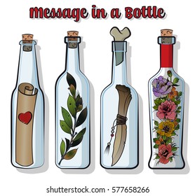 Vector Bottles Set. Message in a bottle. Scroll, Branch, Knife, Bone, Flowers