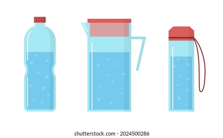 Vector bottles of water and full jug on white background. Drinking fresh water with bubbles in flat style.