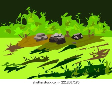 vector boulder, mound, scrubland, dark green background contrasted with bright green give a fresh atmosphere