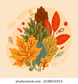 Ramo de Vector de hojas hermosas de otoño sobre un fondo beige para el diseño, decoración de libros y artículos, venta, Anuncios