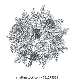 Vector bouquet with black and white hand drawn chrysanthemum flowers in sketch style. Beautiful floral background