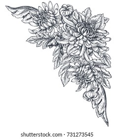 Vector bouquet with black and white hand drawn chrysanthemum flowers in sketch style. Beautiful floral background.