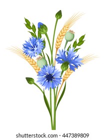 Vector bouquet of blue cornflowers and ears of wheat isolated on a white background.