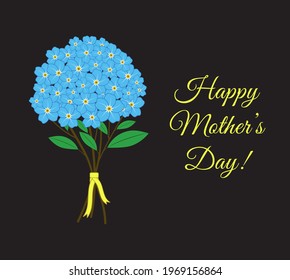 Vector bouquet of blue forget-me-nots isolated on dark background. Mothers Day. greeting card