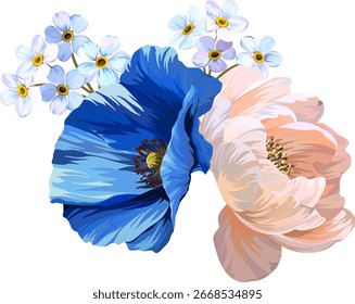 Vektor Blumenstrauß blau und weiß. Mohn, Butterblume, Anemone, Pfingstrose, Vergissmeinnicht und Erbsenblume