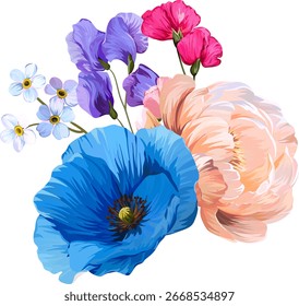 Buquê de flores azuis e brancas. Papoila, botão-de-ouro, anêmona, peônia, esqueça-me-não e flor de ervilha doce
