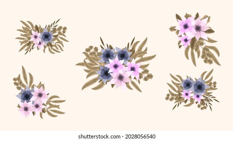 Vector bouquet bunches with spring flowers with tree branches as new Detailed clip art elements sets, isolated arrangements as design for banners, postcards, advertising, social media posts, textile