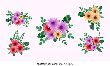 Vector bouquet bunches with spring flowers with tree branches as new Detailed clip art elements sets, isolated arrangements as design for banners, postcards, advertising, social media posts, textile