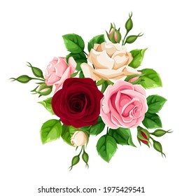 Vector bouquet of burgundy, pink and white rose flowers isolated on a white background.