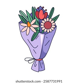 Vector bouquet with camomile and tulip. Vector isolated flowers clipart. Woman or female, girl or women present or romantic gift. Love gesture and harmony. Nature and floral, feminine gift theme