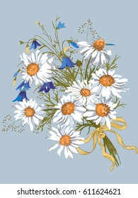 Vector bouquet with chamomiles and bluebells