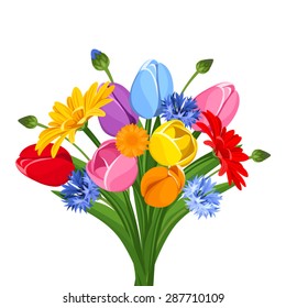 Vector bouquet of colorful tulips, gerbera flowers and cornflowers isolated on a white background.