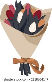 Vector bouquet of colorful tulips in a package with a bow