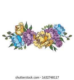vector bouquet composition peony flowers, blue, yellow flowers and leaves.