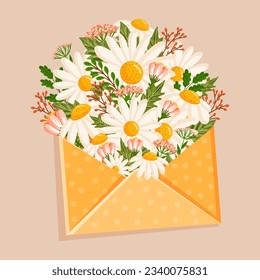 Vector bouquet of daisies and other field plants inside an envelope. Floral illustration with chamomile for greeting card, poster, invitation, decor etc. Flowers for spring and summer holidays.