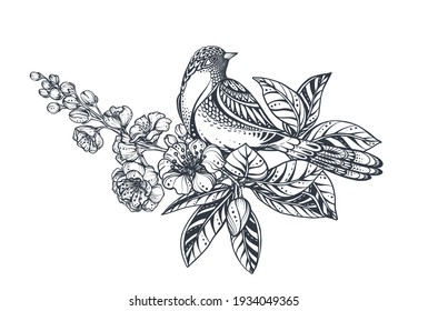 Vector bouquet of doodle hand drawn magnolia, sakura flowers and bird. Beautiful romantic elegant floral composition for wedding invitation, greeting card, coloring book.