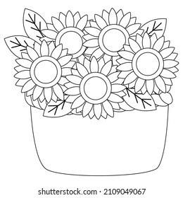 Vector Bouquet Doodle Sunflower in 
 basket illustration in outline style. Black and White Floral outline, Sunflower summer clip art
