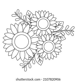 Vector Bouquet Doodle Sunflower illustration in outline style. Black and White Floral outline, Sunflower summer clip art