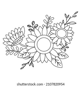 Vector Bouquet Doodle Sunflower illustration in outline style. Plants, leaf, Botanical, Black and White Floral outline line art, Sunflower summer clip art