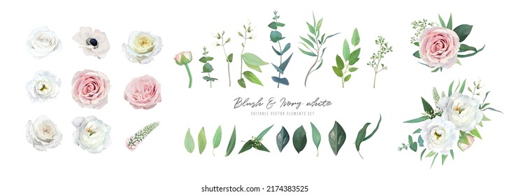 Vector bouquet, floral elements set. Blush pink, ivory garden rose flower, anemone, seeded eucalyptus, green leaves watercolor illustration Wedding invite, greeting, party decoration, white background