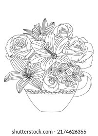 Ramo vectorial de flores en una taza. Antiestrés del libro de colores para adultos taza con flores