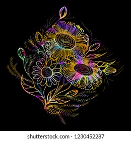 Vector. Bouquet of flowers. Decorative composition in the grettage technique. A collage of flowers and leaves on a dark background. Use printed materials, signs, objects, websites, maps.