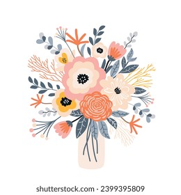Vector bouquet of flowers in flat doodle style, pastel colors.