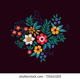 Vector Bouquet of flowers. Imitation of embroidery. Floral ornament on a black background.  Colorful flowers. 