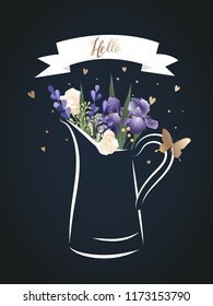 Vector bouquet of flowers in a jug isolated on a dark background with Hello inscription. Vector illustration