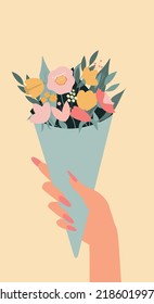 vector bouquet with flowers in paper packaging. a woman's hand with a manicure holds a bouquet of flowers.