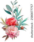 Vector bouquet of flowers. Roses, peonies, rose hips, foliage, bright summer flowers. Rose, peony