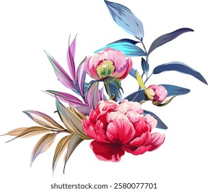 Vector bouquet of flowers. Roses, peonies, rose hips, foliage, bright summer flowers. Rose, peony