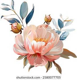 Vector bouquet of flowers. Roses, peonies, rose hips, foliage, bright summer flowers. Rose, peony