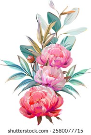 Vector bouquet of flowers. Roses, peonies, rose hips, foliage, bright summer flowers. Rose, peony