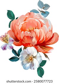 Vector bouquet of flowers. Roses, peonies, rose hips, foliage, bright summer flowers. Rose, peony